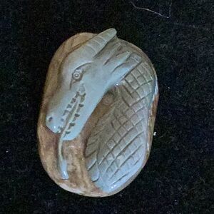 2” Dragon Head Carved Polished Gray Brown  Stone Oval Pendant Cameo